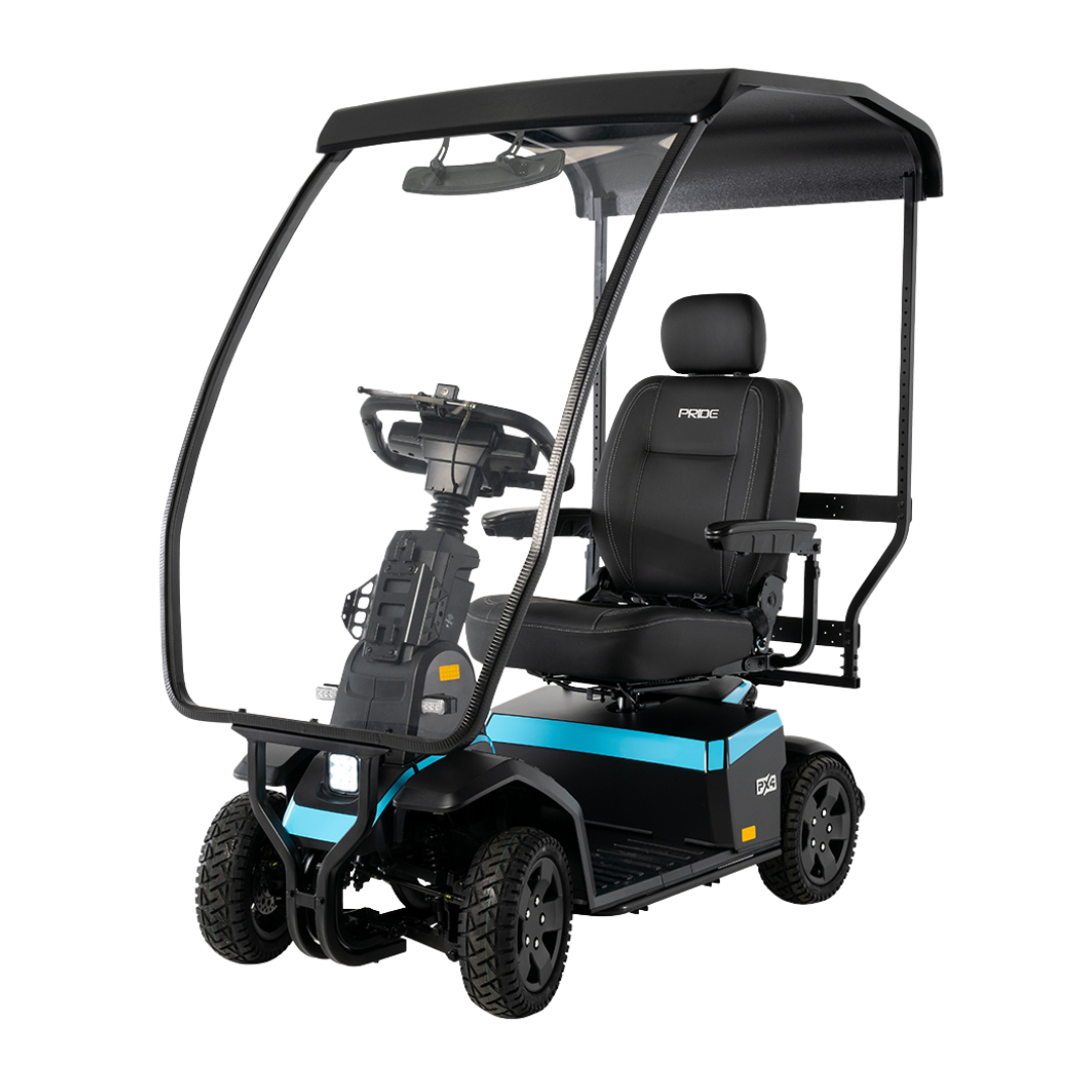 The Pride Mobility PX4 HD Bariatric Scooter is a black and blue mobility scooter with a large padded seat, backrest, armrests, four rugged wheels, steering controls, an overhead canopy with clear shield, and supports up to 500 lbs.